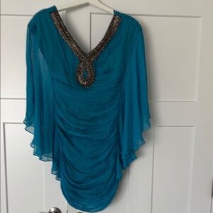 Blue Silk Mini Dress with Embellished Ruched Design